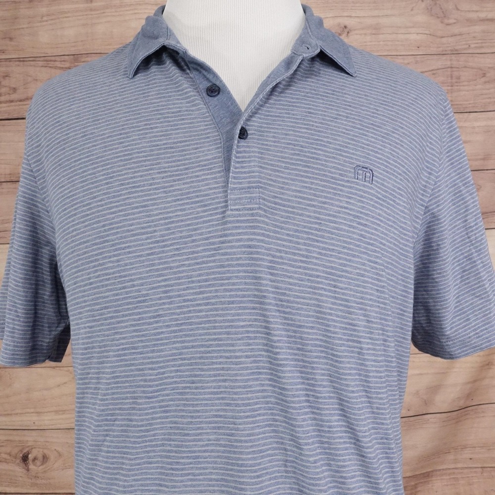 Travis Mathew Polo Shirt Mens XL Blue Striped Cotton Polyester Collared